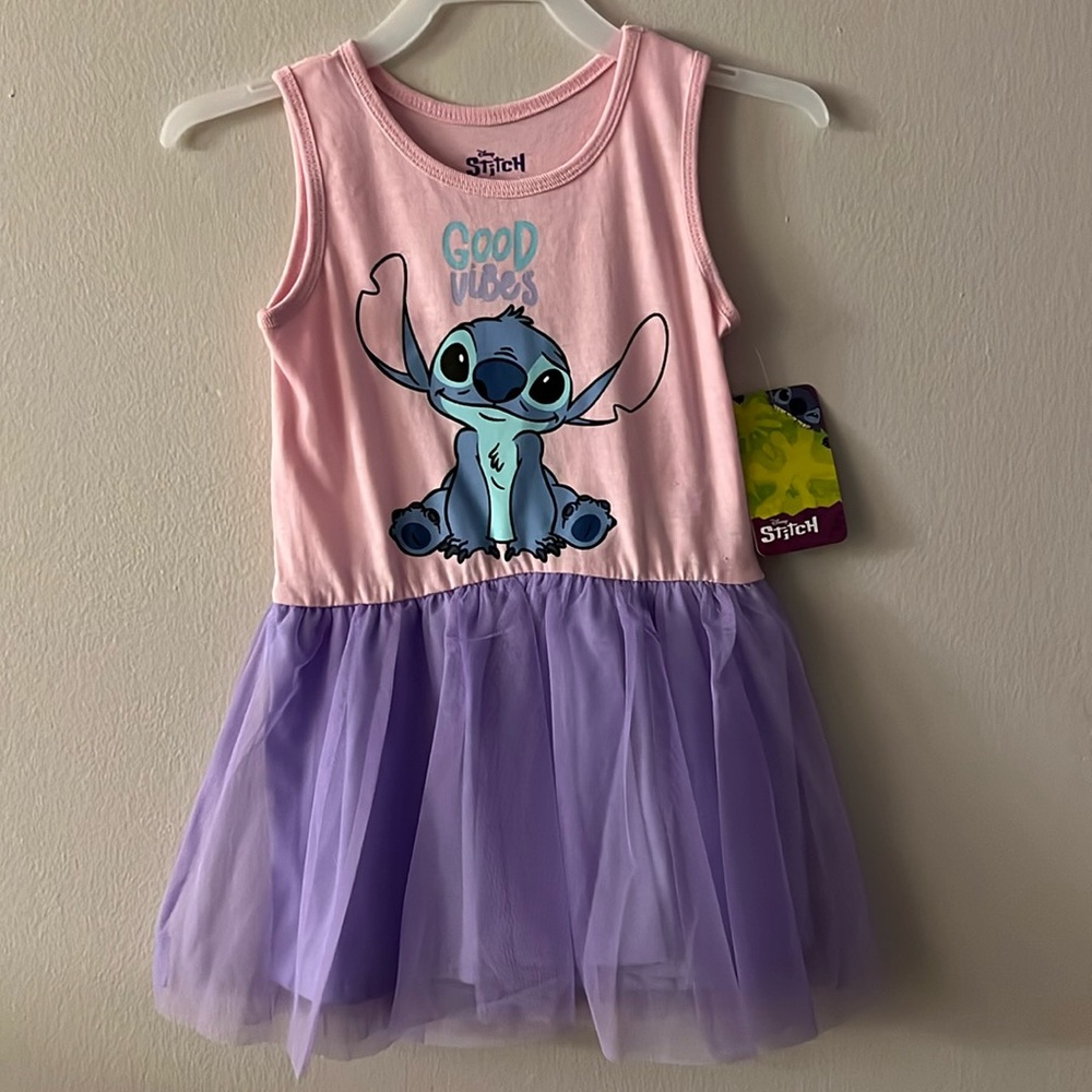 Stitch GOOD VIBES Dress with Pink Tank Top & Lavender Mesh Skirt Toddler Girl 3T